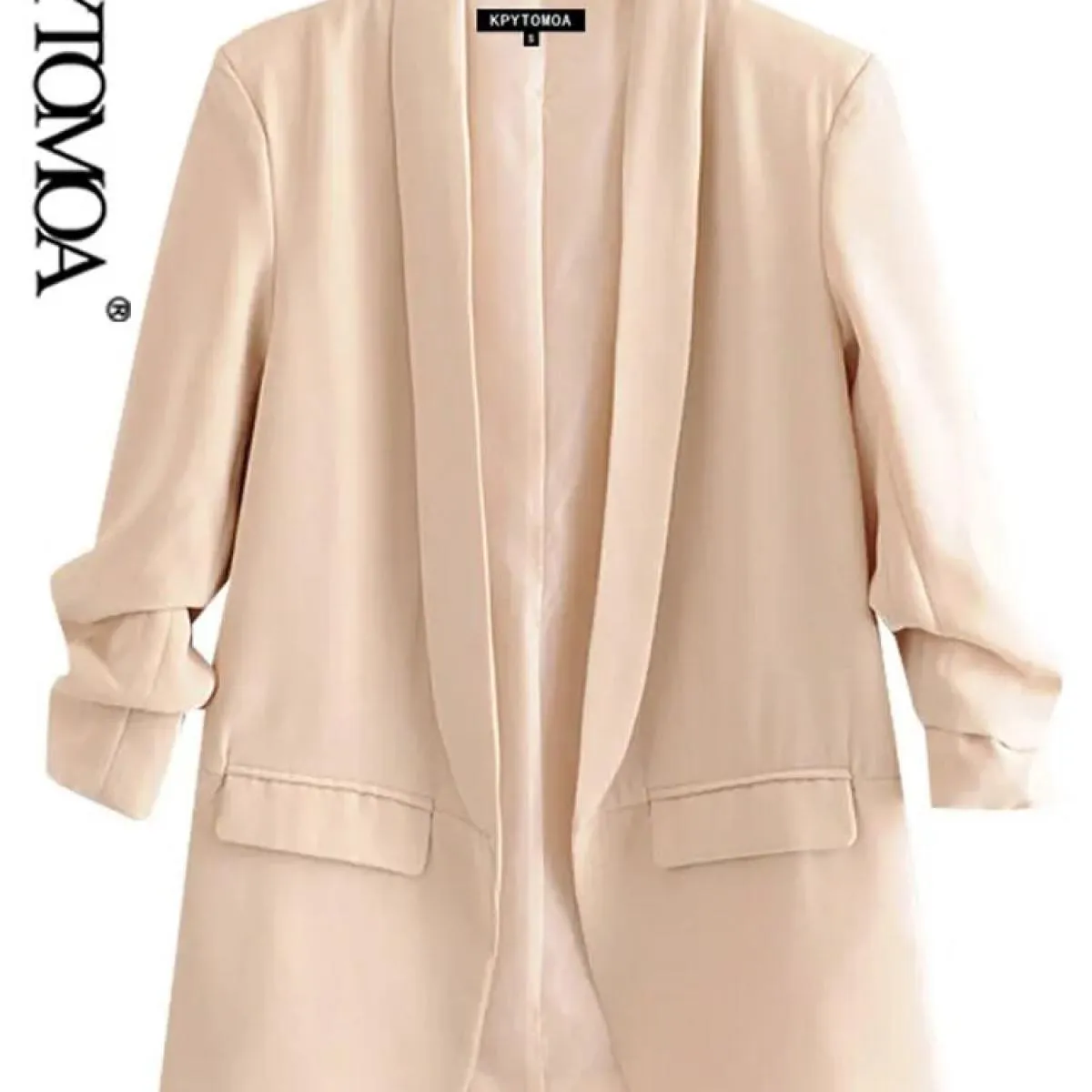 Kpytomoa Donna Moda Abbigliamento da ufficio Blazer di base Cappotto Vintage Tasche a maniche lunghe pieghettate Capispalla femm