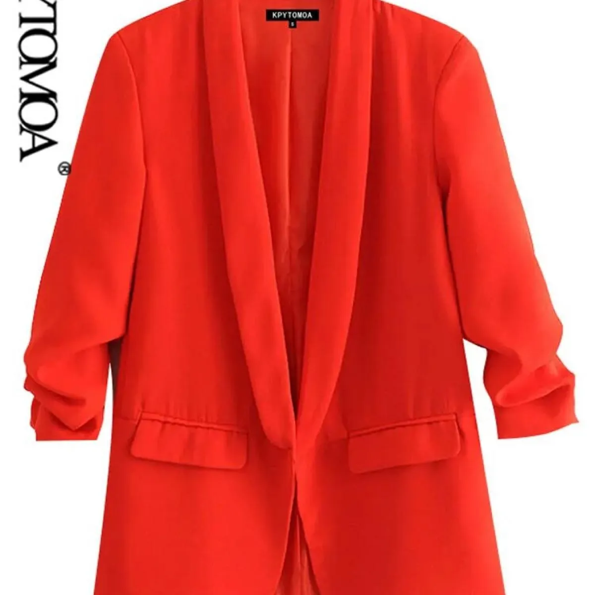 Kpytomoa Donna Moda Abbigliamento da ufficio Blazer di base Cappotto Vintage Tasche a maniche lunghe pieghettate Capispalla femm