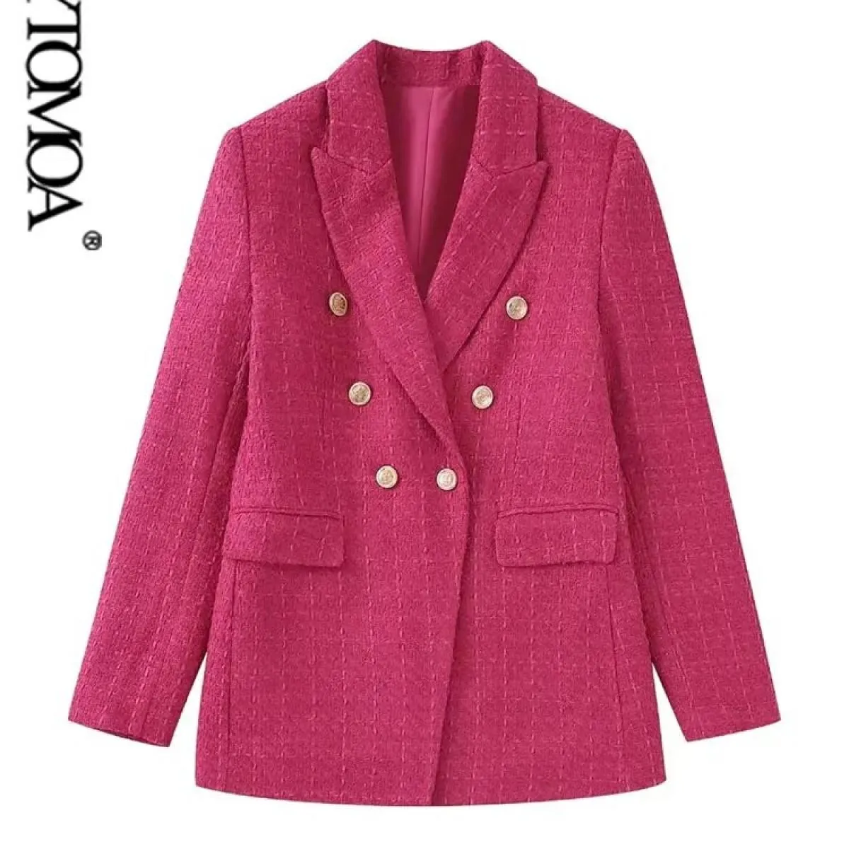 Kpytomoa Donna Moda Tweed Cappotto blazer doppiopetto Vintage Manica lunga Tasche con patta Capispalla femminile Chic Veste Fe