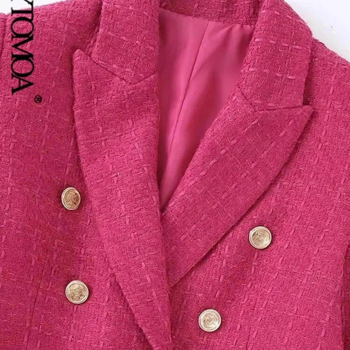 Kpytomoa Donna Moda Tweed Cappotto blazer doppiopetto Vintage Manica lunga Tasche con patta Capispalla femminile Chic Veste Fe