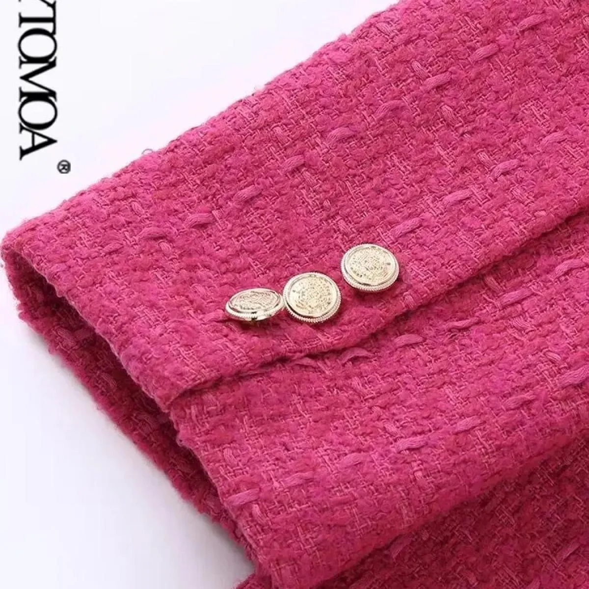 Kpytomoa Donna Moda Tweed Cappotto blazer doppiopetto Vintage Manica lunga Tasche con patta Capispalla femminile Chic Veste Fe