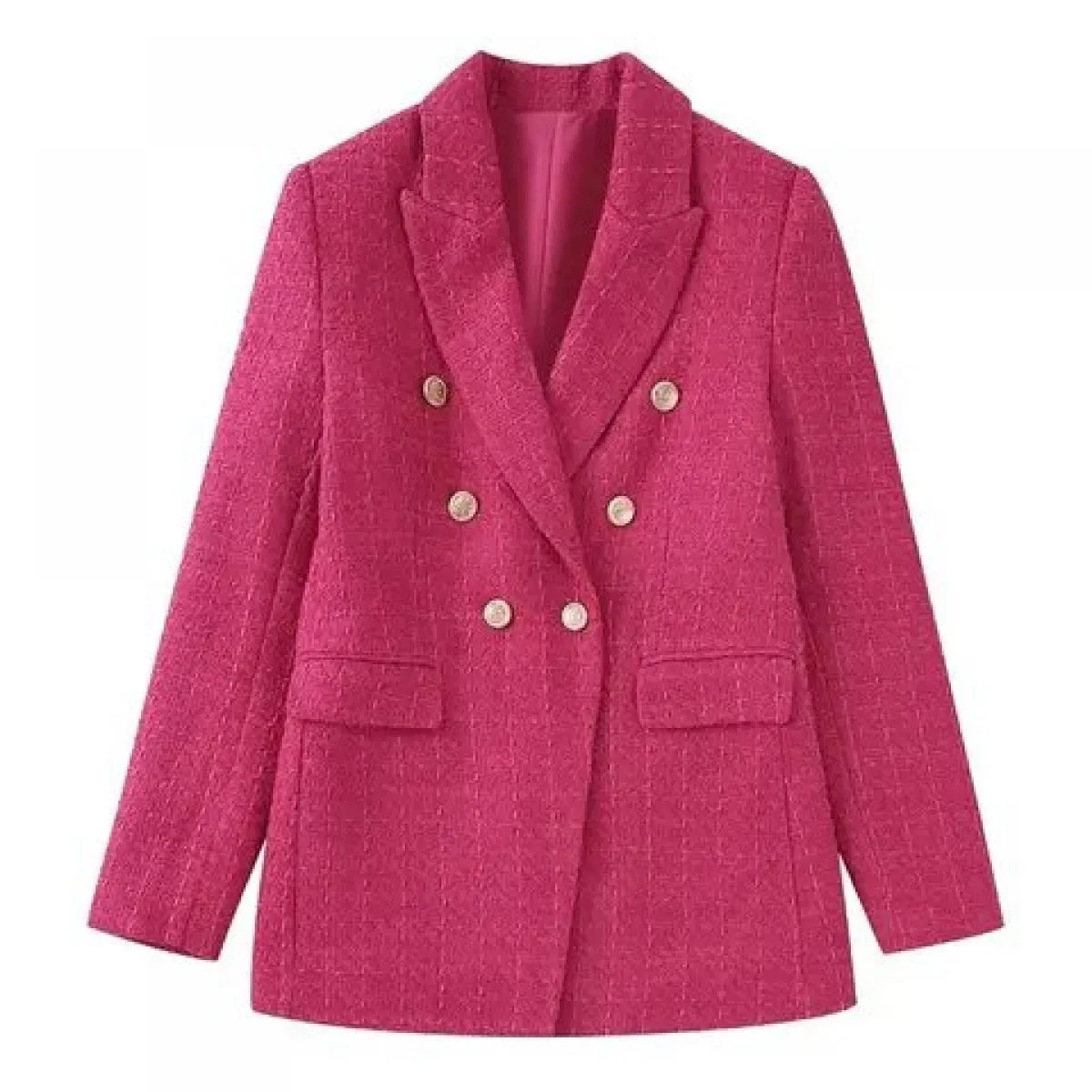 Kpytomoa Donna Moda Tweed Cappotto blazer doppiopetto Vintage Manica lunga Tasche con patta Capispalla femminile Chic Veste Fe