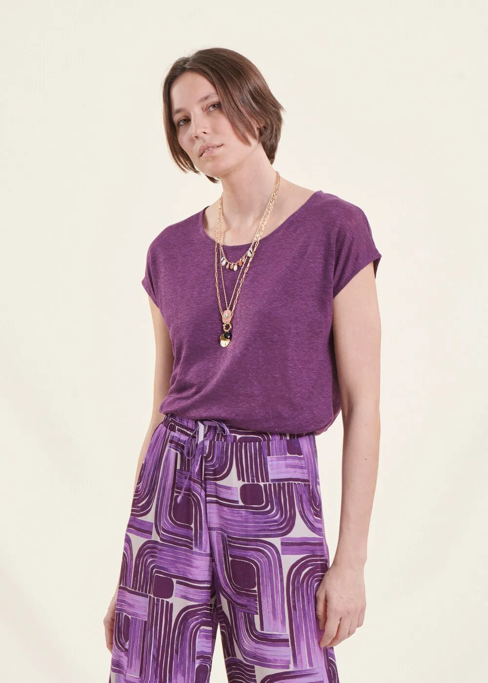  LA FEE MARABOUTEE   T-shirt dritta screziata in lino | Viola