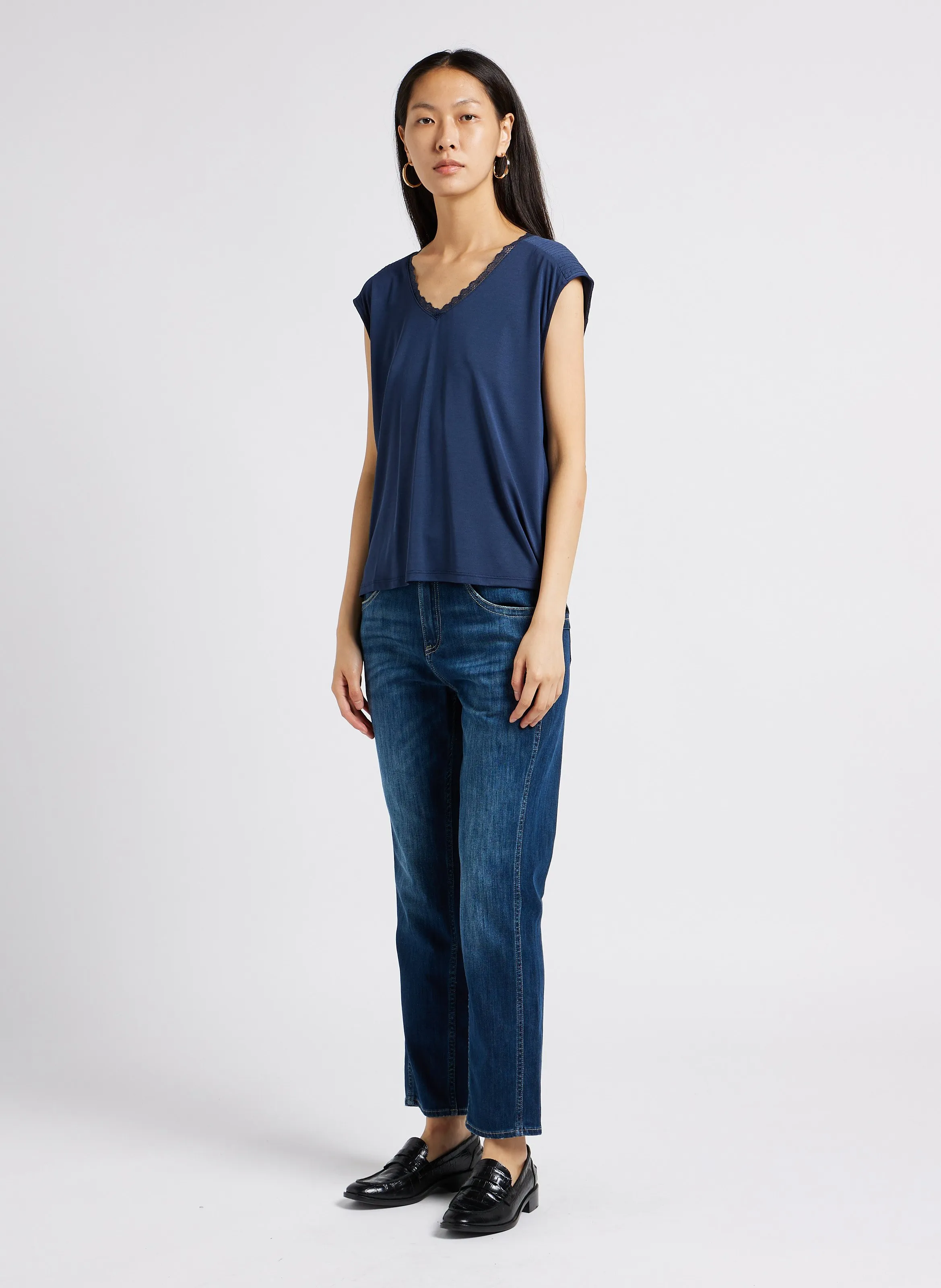  LE TEMPS DES CERISES   Jeans girlfriend a vita alta in misto cotone | Blu