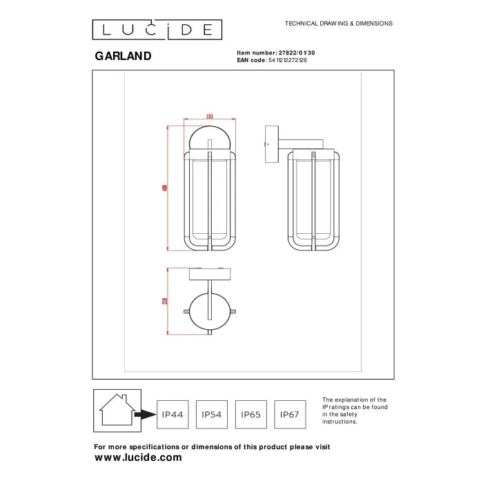 Lucide GARLAND Applique da esterno Nero, 1-Luce