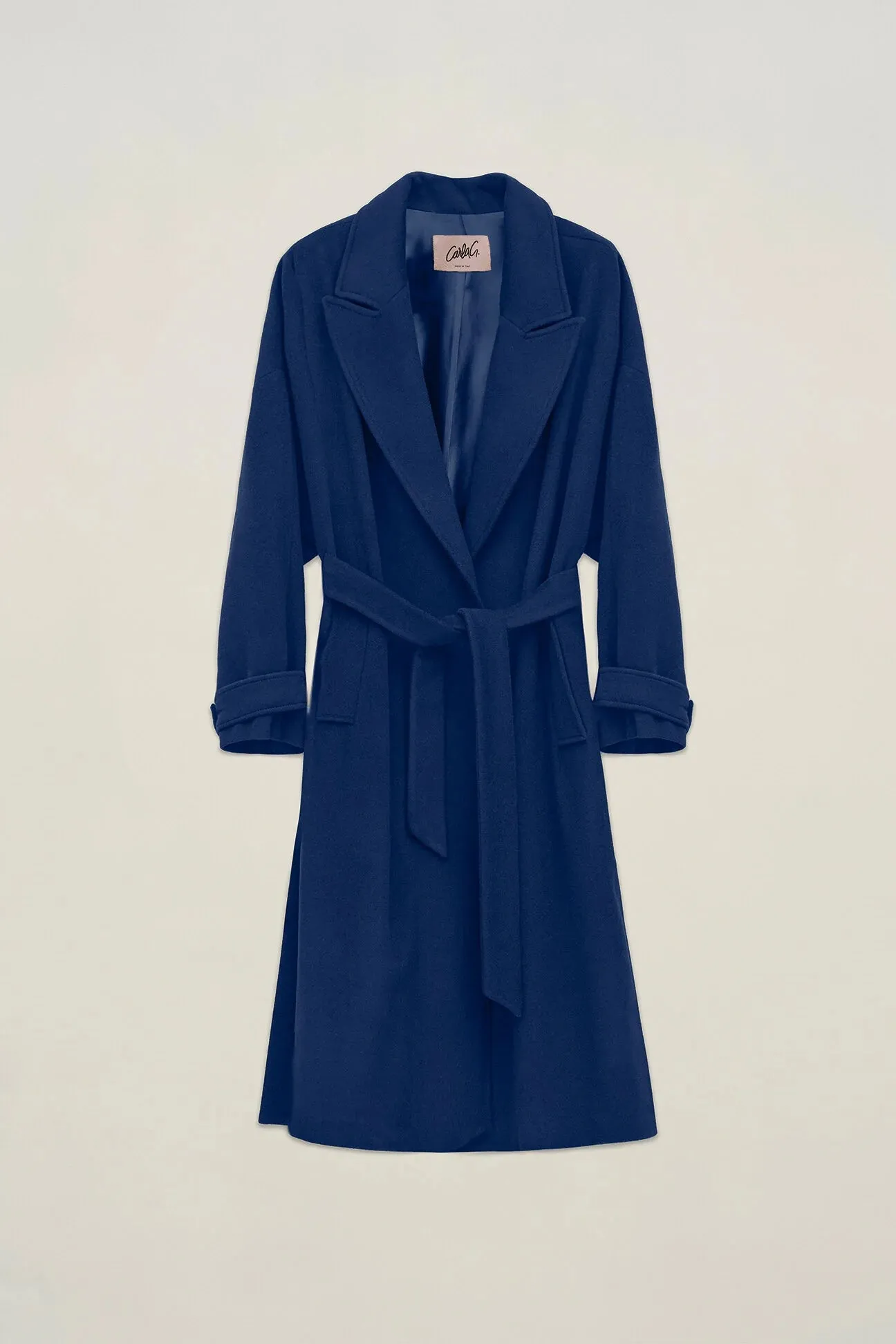 Lungo cappotto misto cashmere con spacchi laterali blu