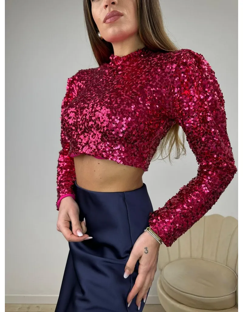MAGLIA CROP PAILLETTES FUCSIA