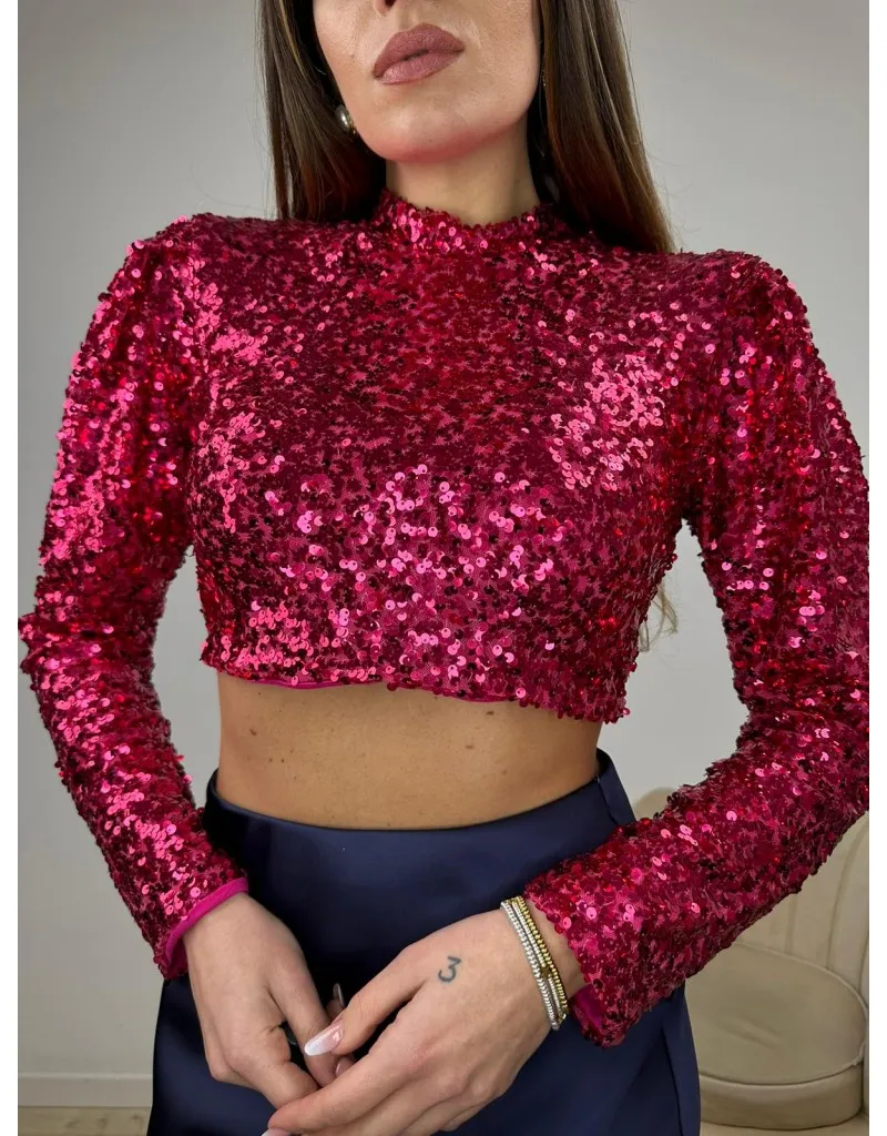 MAGLIA CROP PAILLETTES FUCSIA