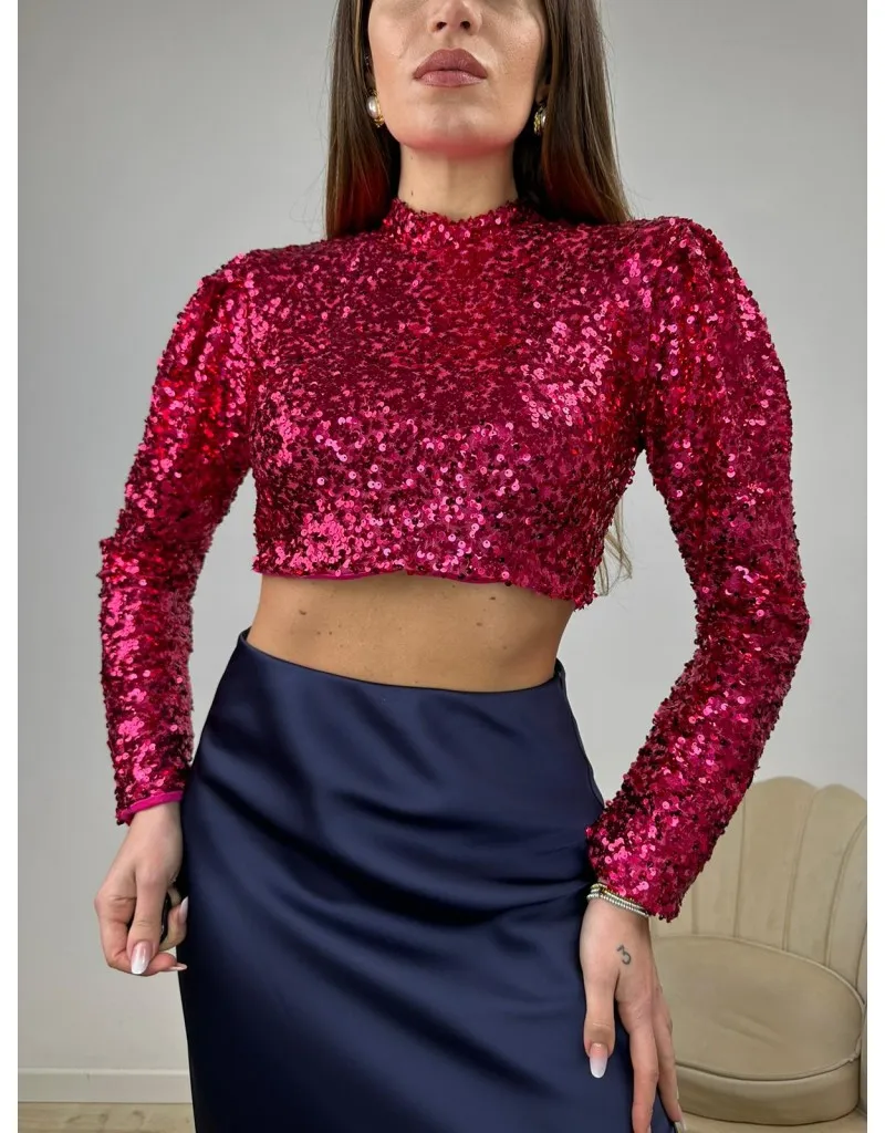 MAGLIA CROP PAILLETTES FUCSIA