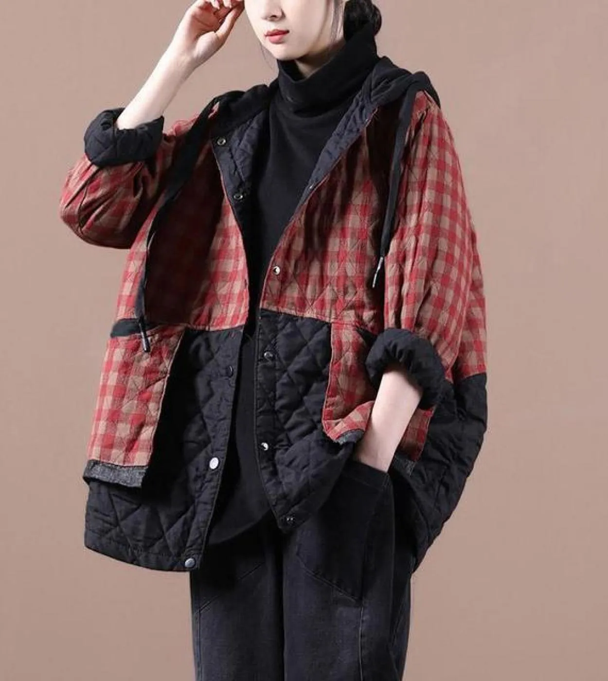 Nuovo arrivo inverno donna casual allentato manica lunga collo con cappuccio cappotto patchwork di cotone scozzese monopetto par