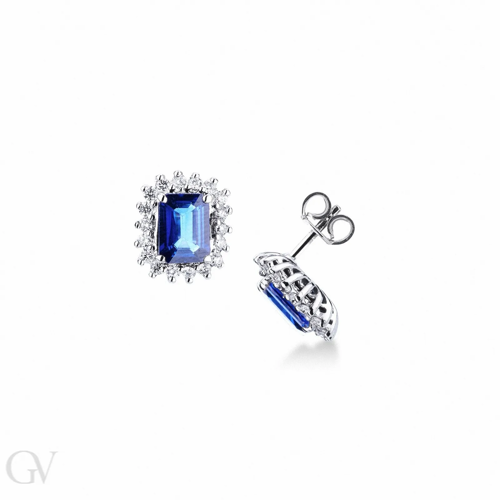 Orecchini a contorno in oro bianco 18k con diamanti e zaffiri blu