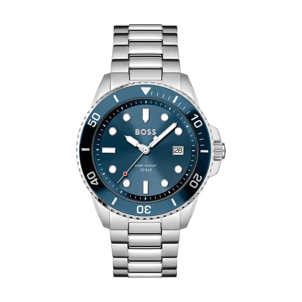 Orologio Al Quarzo Hugo Boss Ace 1513916 Cassa Rotonda Acciaio Blu 43 mm Quadrante Blu Cinturino Acciaio Argentato