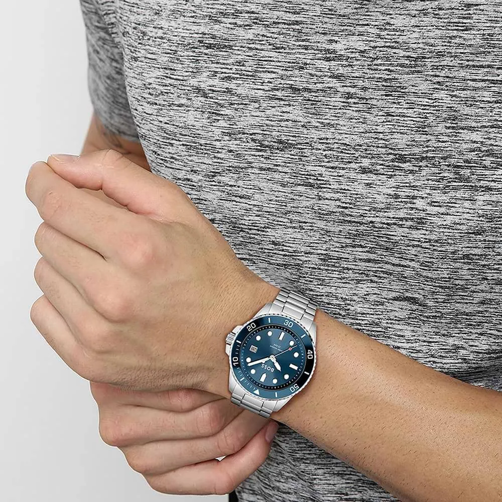 Orologio Al Quarzo Hugo Boss Ace 1513916 Cassa Rotonda Acciaio Blu 43 mm Quadrante Blu Cinturino Acciaio Argentato