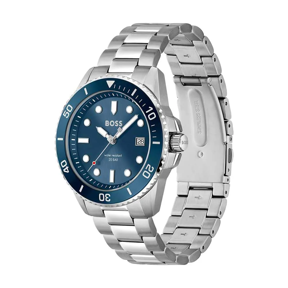Orologio Al Quarzo Hugo Boss Ace 1513916 Cassa Rotonda Acciaio Blu 43 mm Quadrante Blu Cinturino Acciaio Argentato