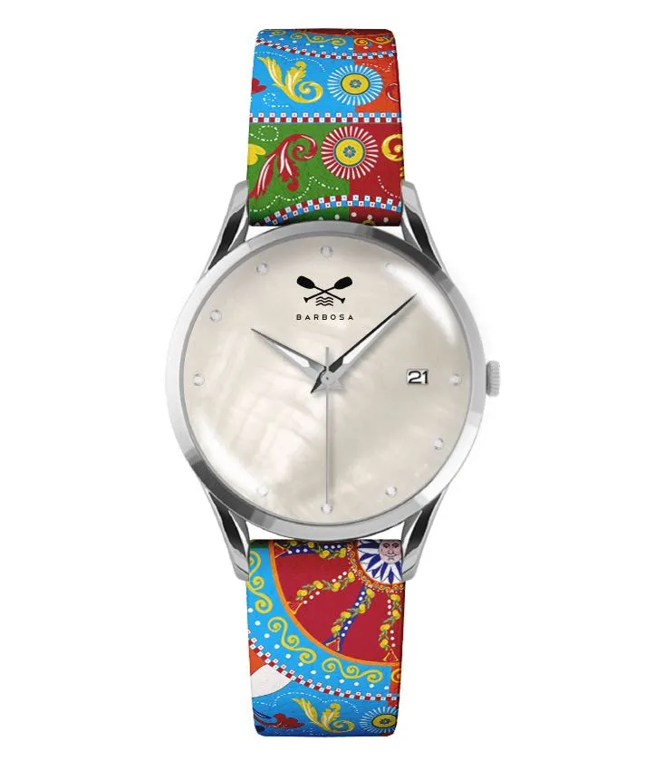 OROLOGIO MADREPERLA CON STRASS dm. 36,5 PELLE STAMPA SICILY ROSSO