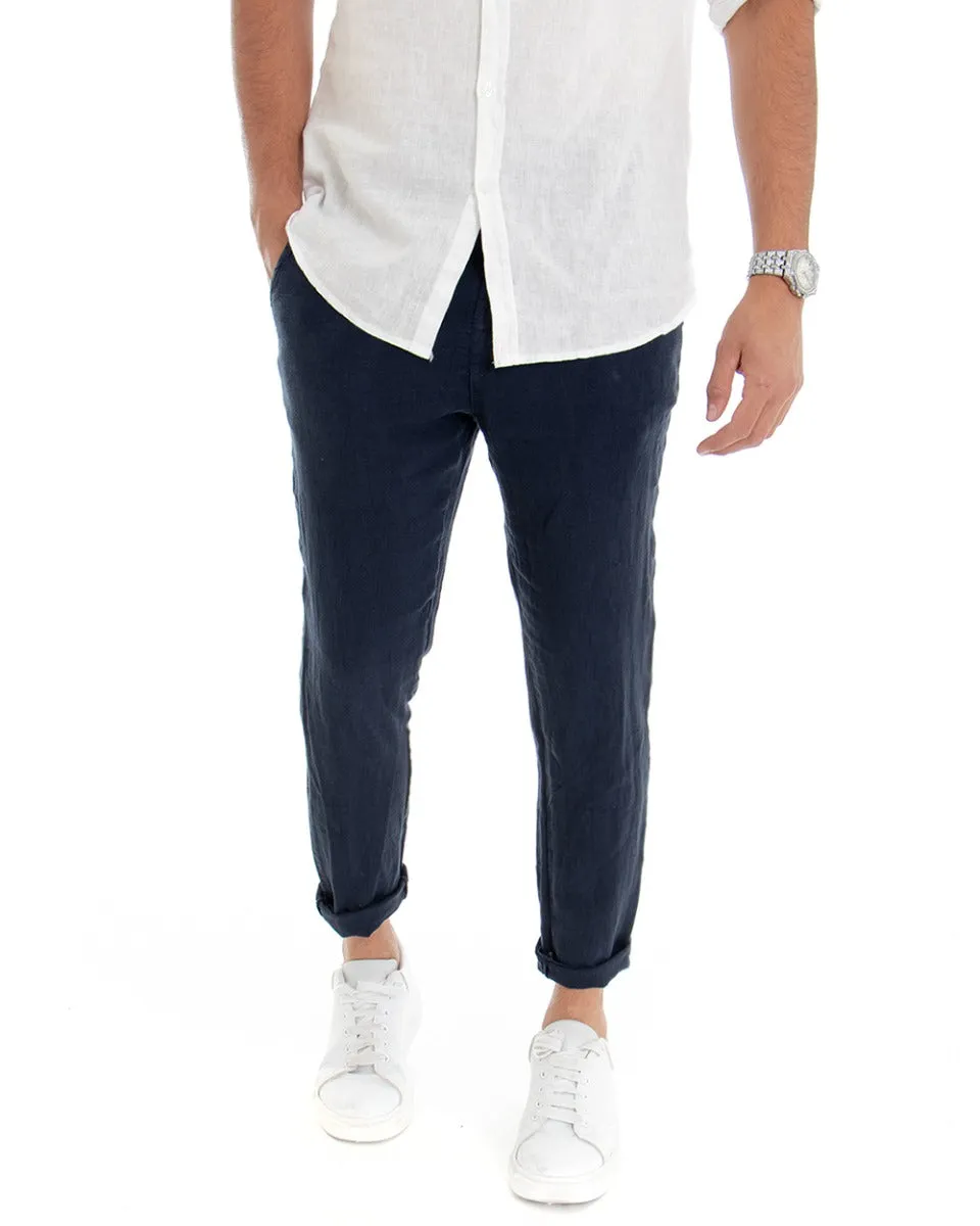 Pantaloni Uomo Tasca America Lino Tinta Unita Blu Casual Laccio GIOSAL-P3742A