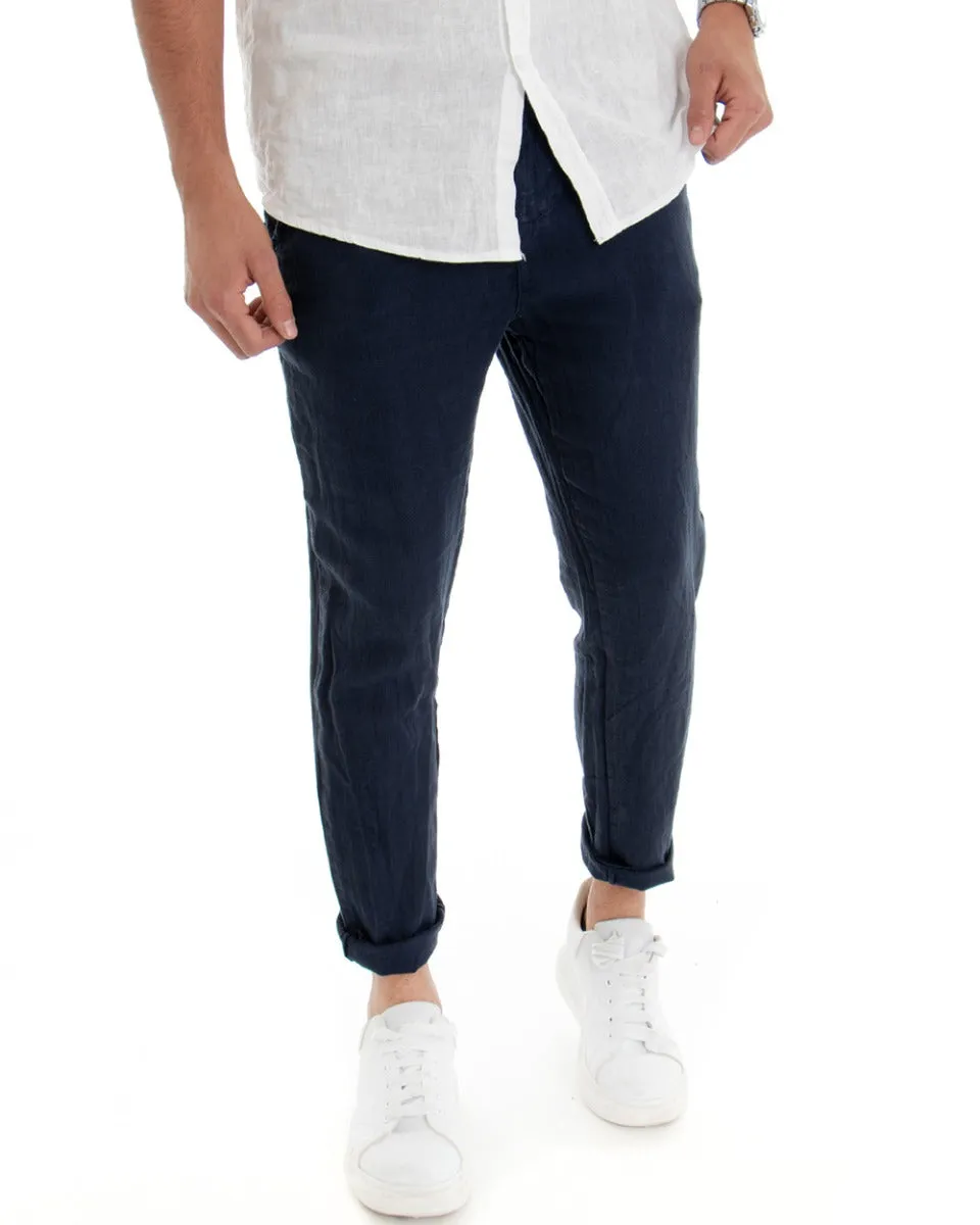 Pantaloni Uomo Tasca America Lino Tinta Unita Blu Casual Laccio GIOSAL-P3742A