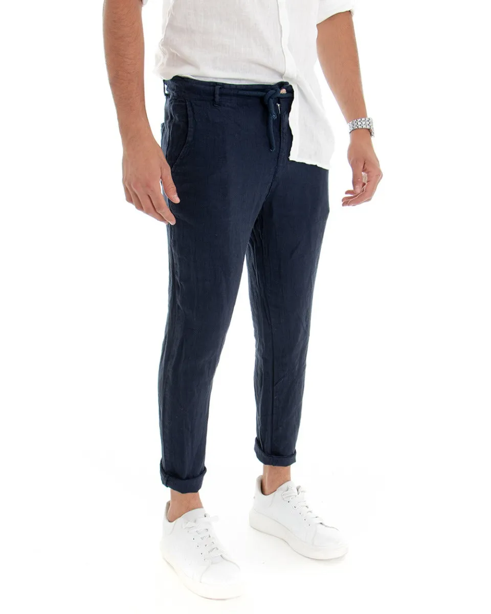 Pantaloni Uomo Tasca America Lino Tinta Unita Blu Casual Laccio GIOSAL-P3742A