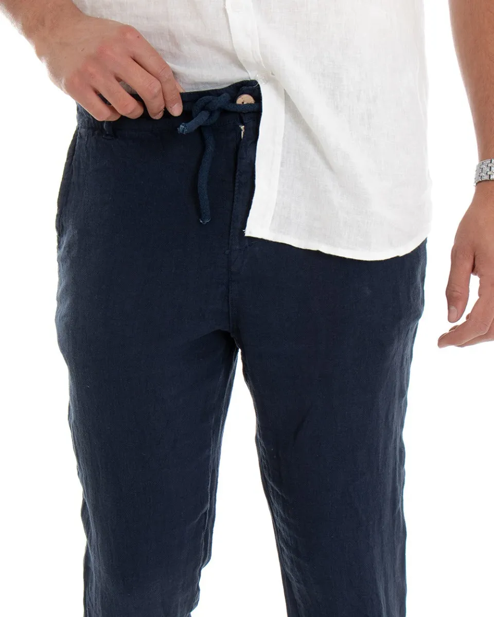 Pantaloni Uomo Tasca America Lino Tinta Unita Blu Casual Laccio GIOSAL-P3742A