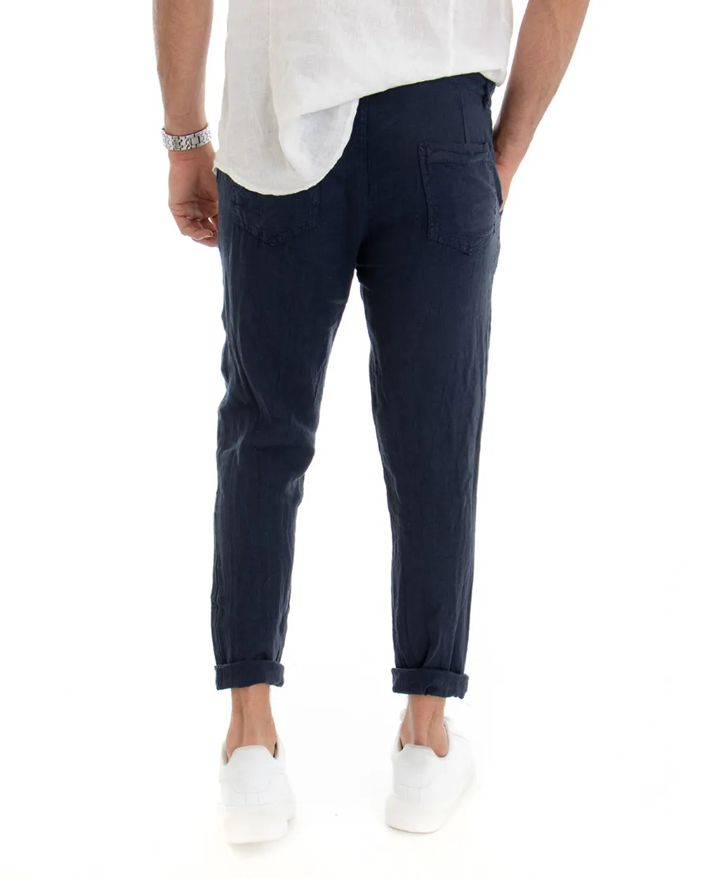Pantaloni Uomo Tasca America Lino Tinta Unita Blu Casual Laccio GIOSAL-P3742A
