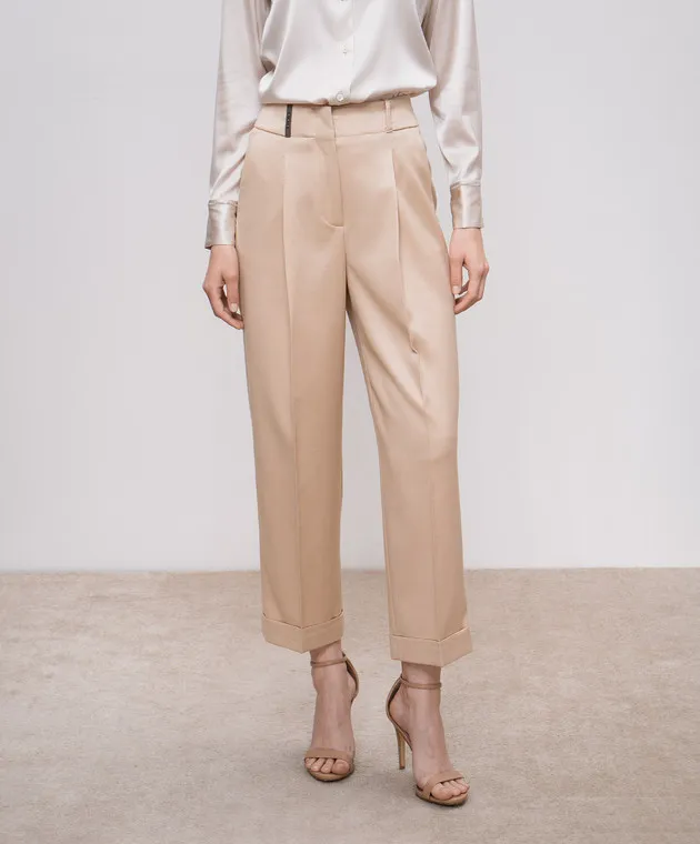 Peserico Pantaloni beige in lana con catena monil A04579D06514
