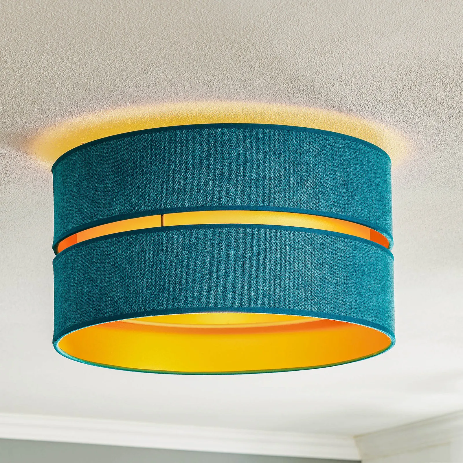 Plafoniera Duo di tessuto, turchese/oro, Ø40cm