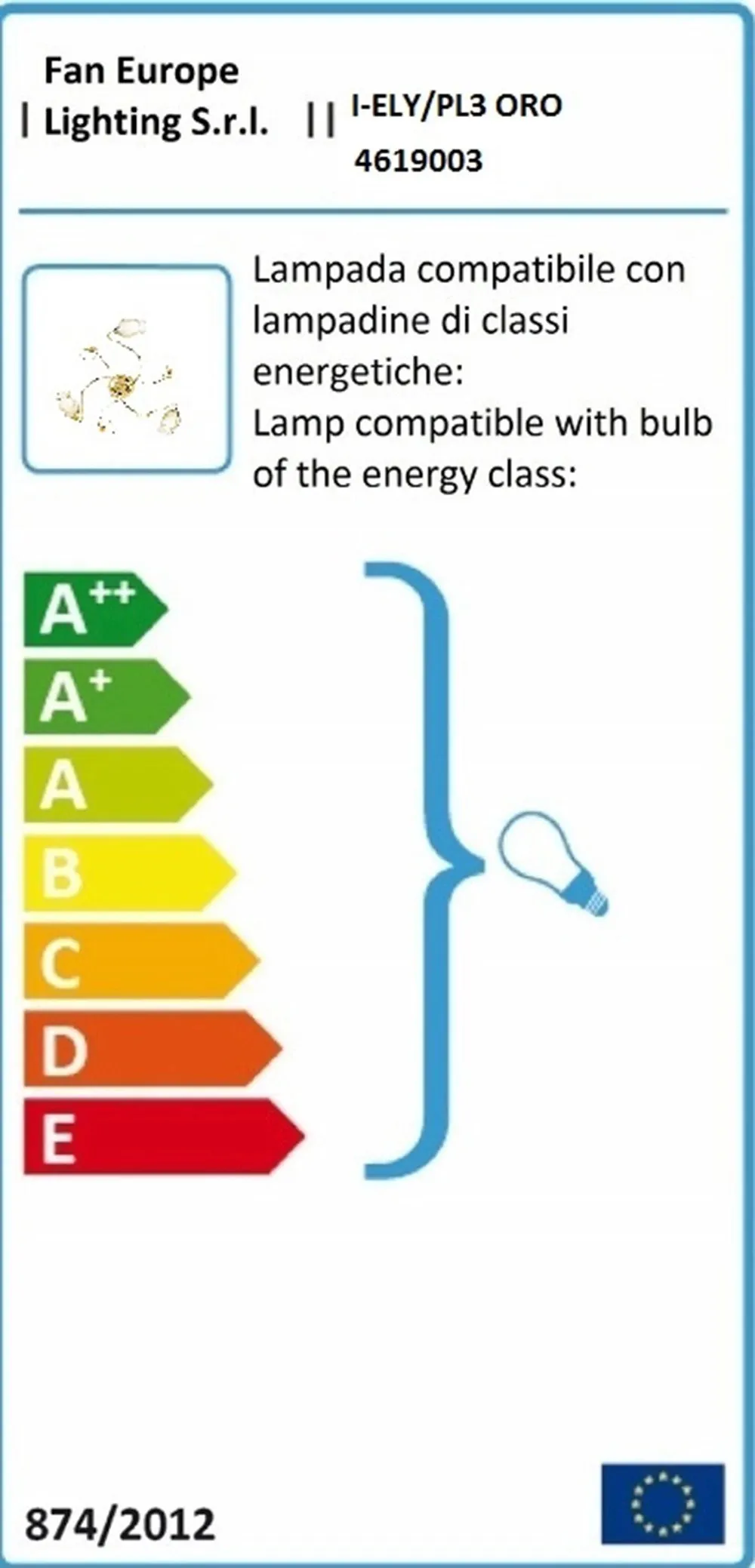 Plafoniera Ely 3 luci oro 53 cm x 53 cm x 20 cm