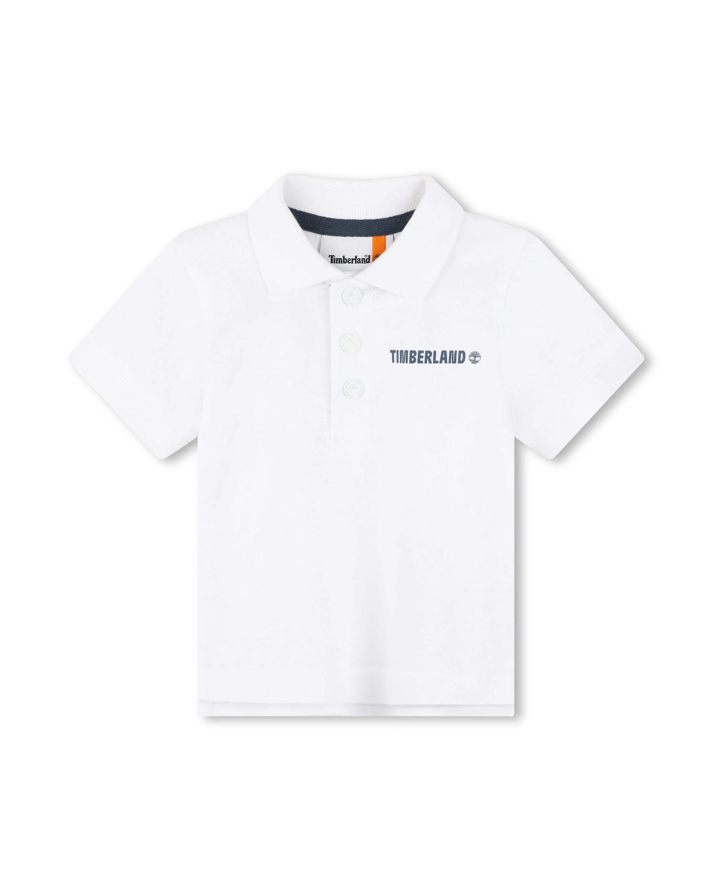 Polo bianca in piquet a maniche corte con scritta logo blu 2-3 anni