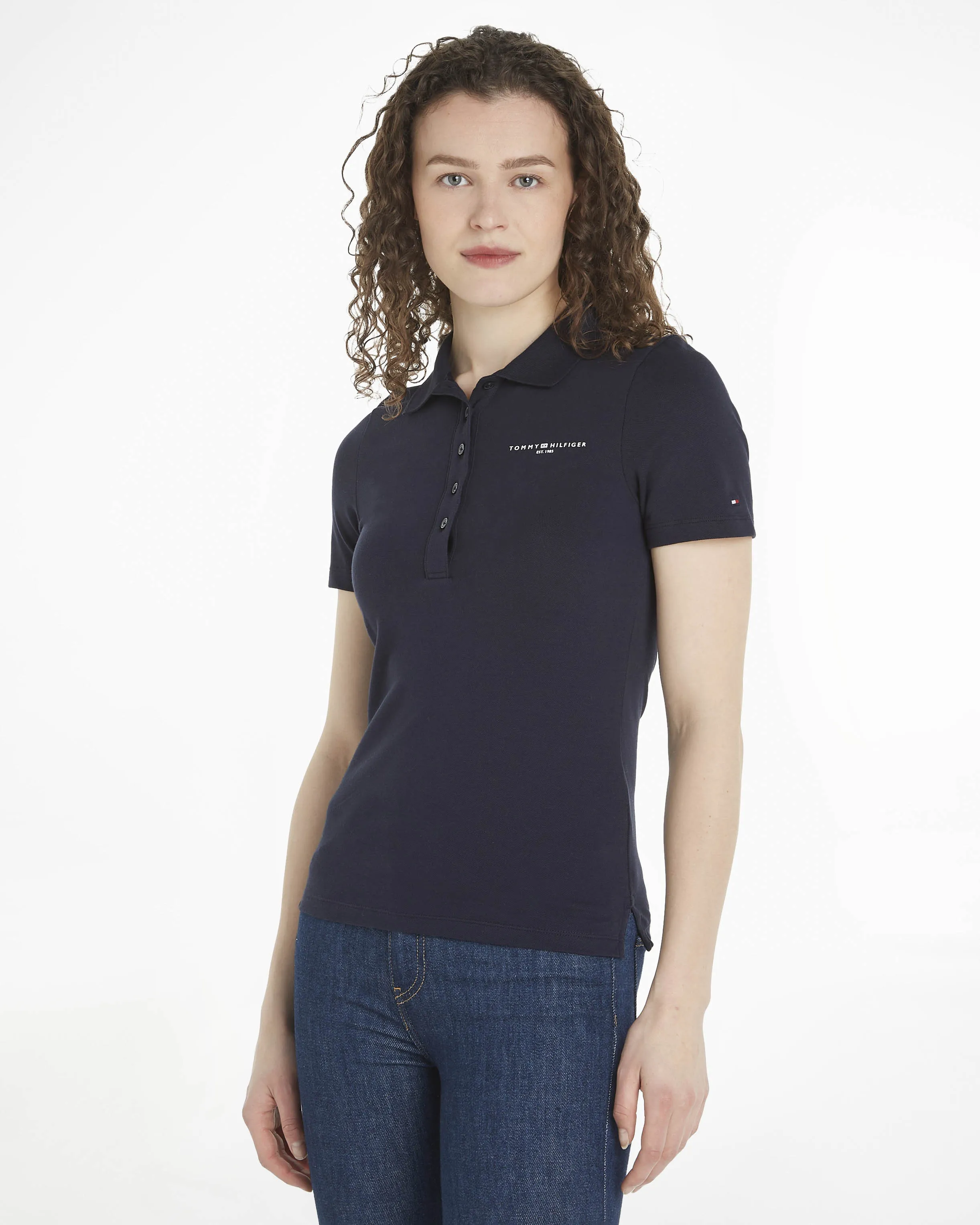 Polo blu slim fit in piquet di cotone organico stretch con scritta logo sul petto