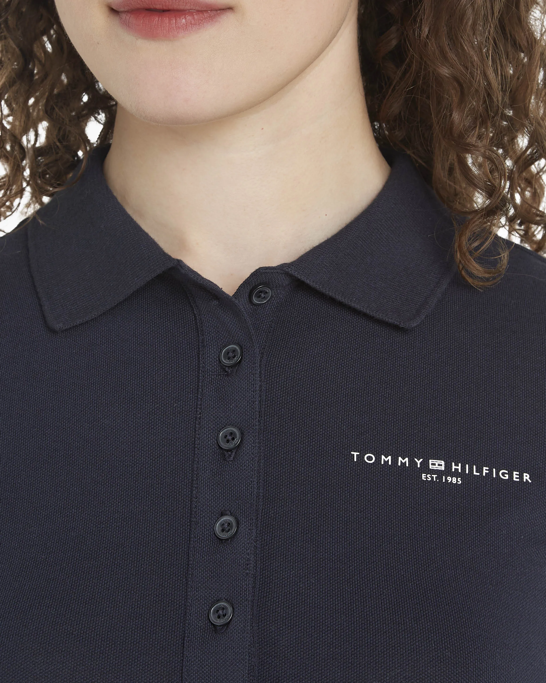 Polo blu slim fit in piquet di cotone organico stretch con scritta logo sul petto