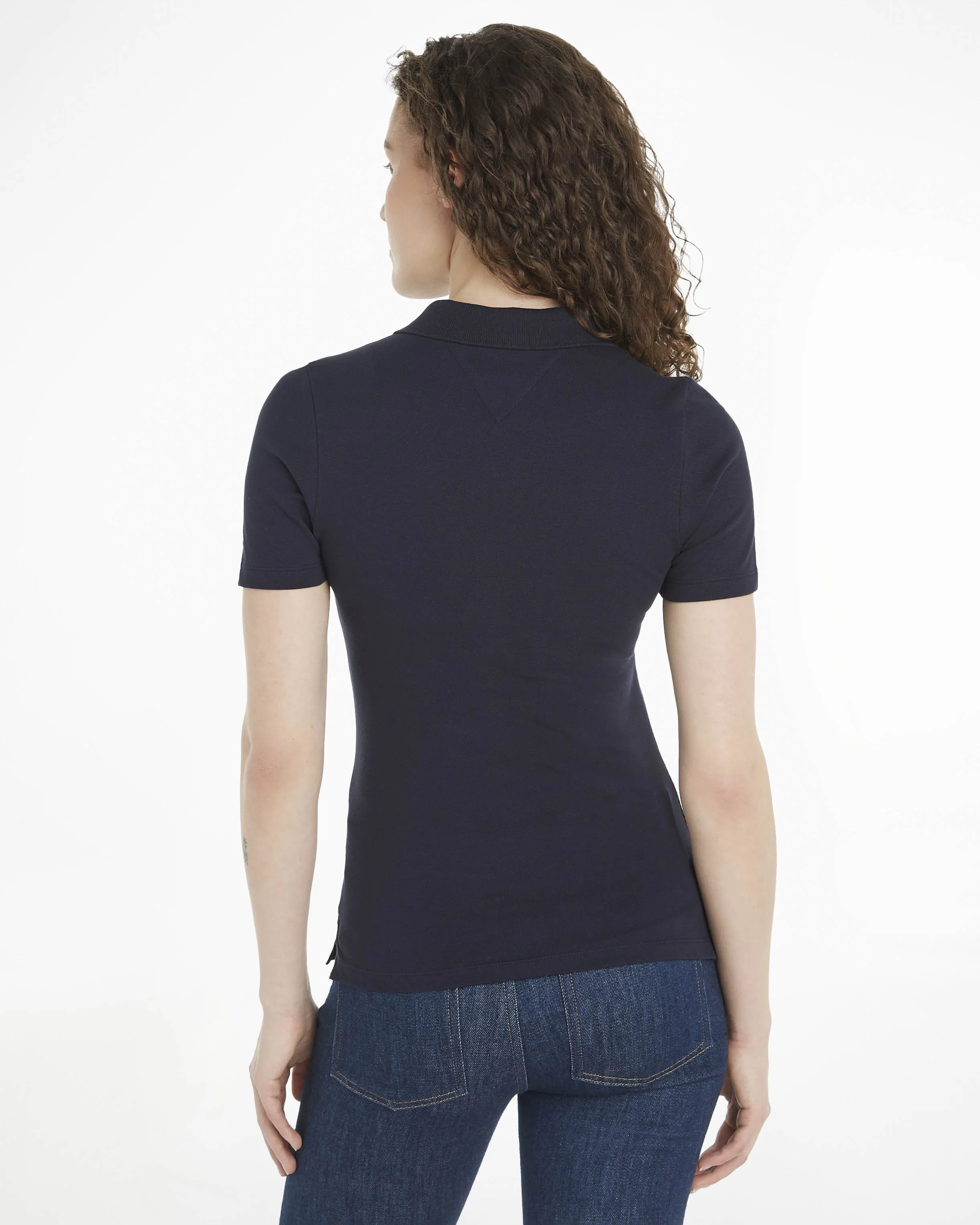 Polo blu slim fit in piquet di cotone organico stretch con scritta logo sul petto