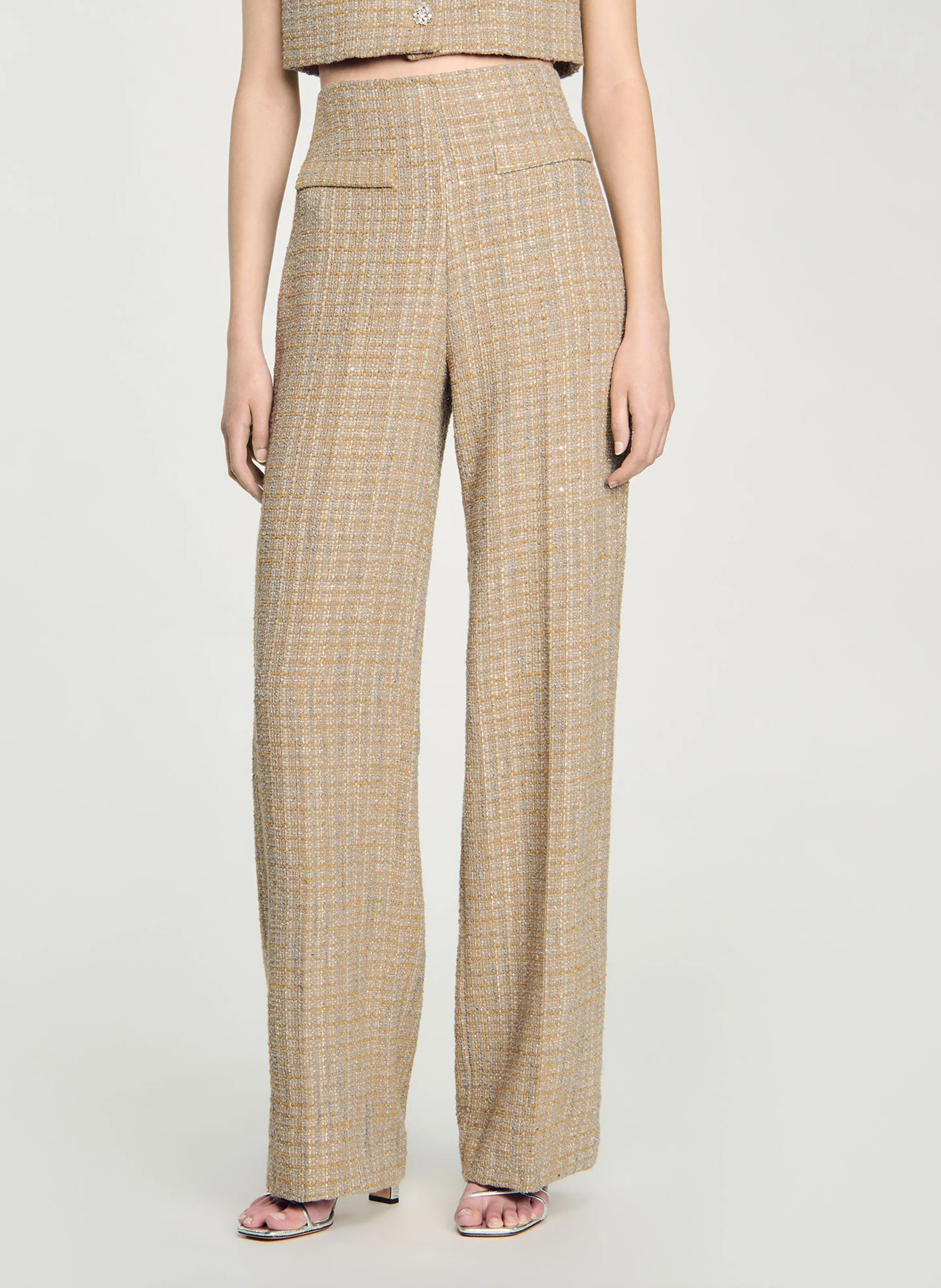  SANDRO   Pantaloni diritti in tweed a vita alta | Marrone