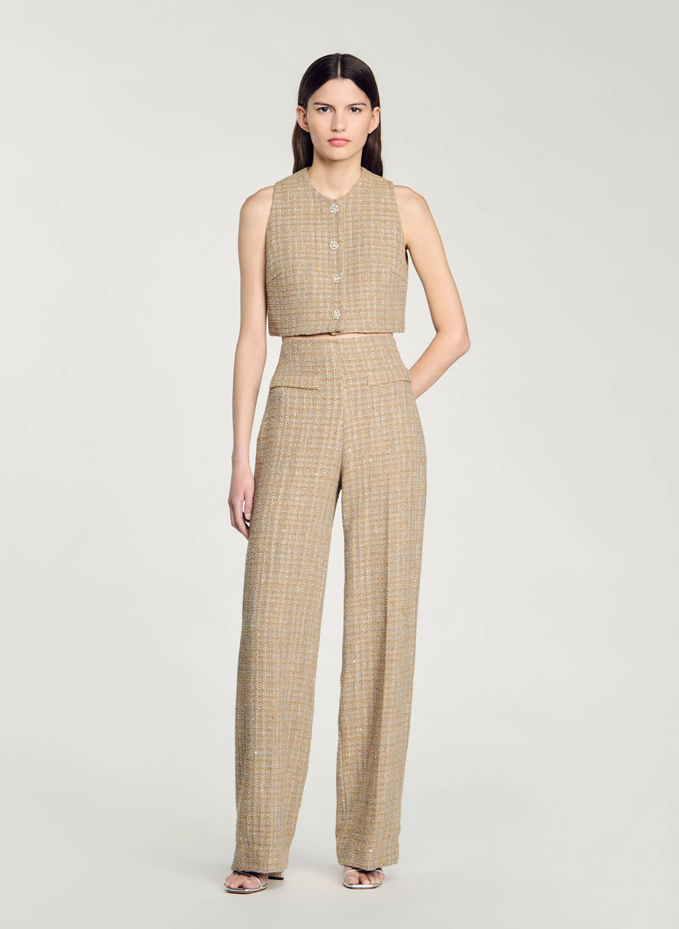  SANDRO   Pantaloni diritti in tweed a vita alta | Marrone