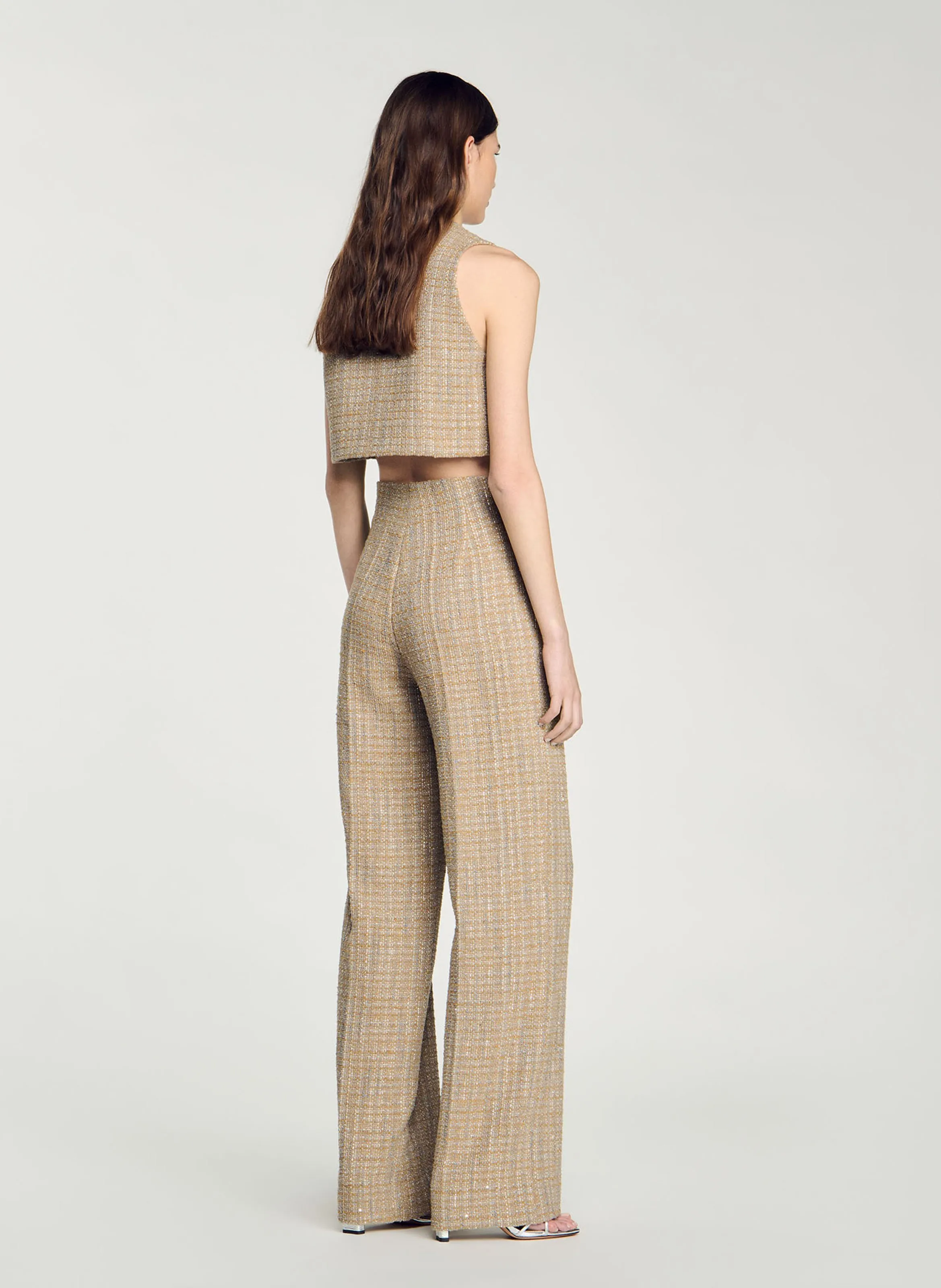  SANDRO   Pantaloni diritti in tweed a vita alta | Marrone