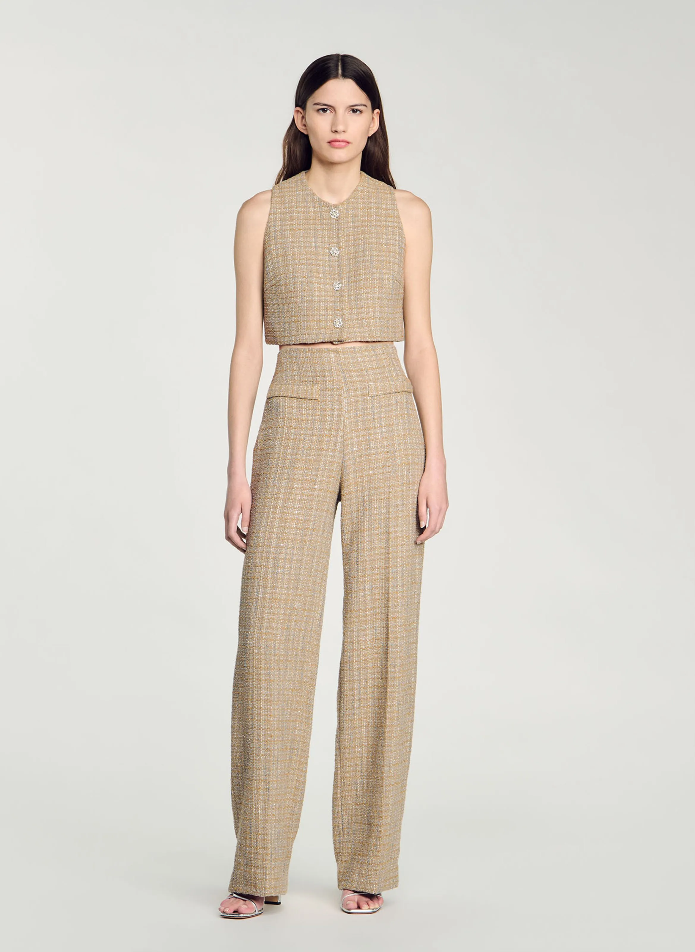  SANDRO   Pantaloni diritti in tweed a vita alta | Marrone