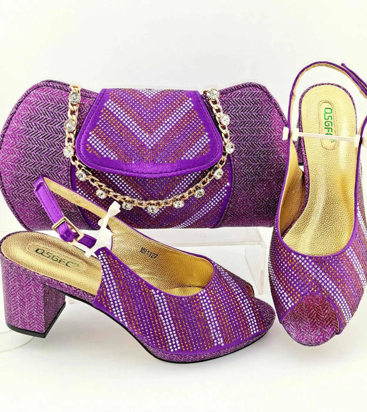 Scarpe da donna e set di borse da donna di vendita calda africana di vendita calda di colore viola stile di cristallo di moda el