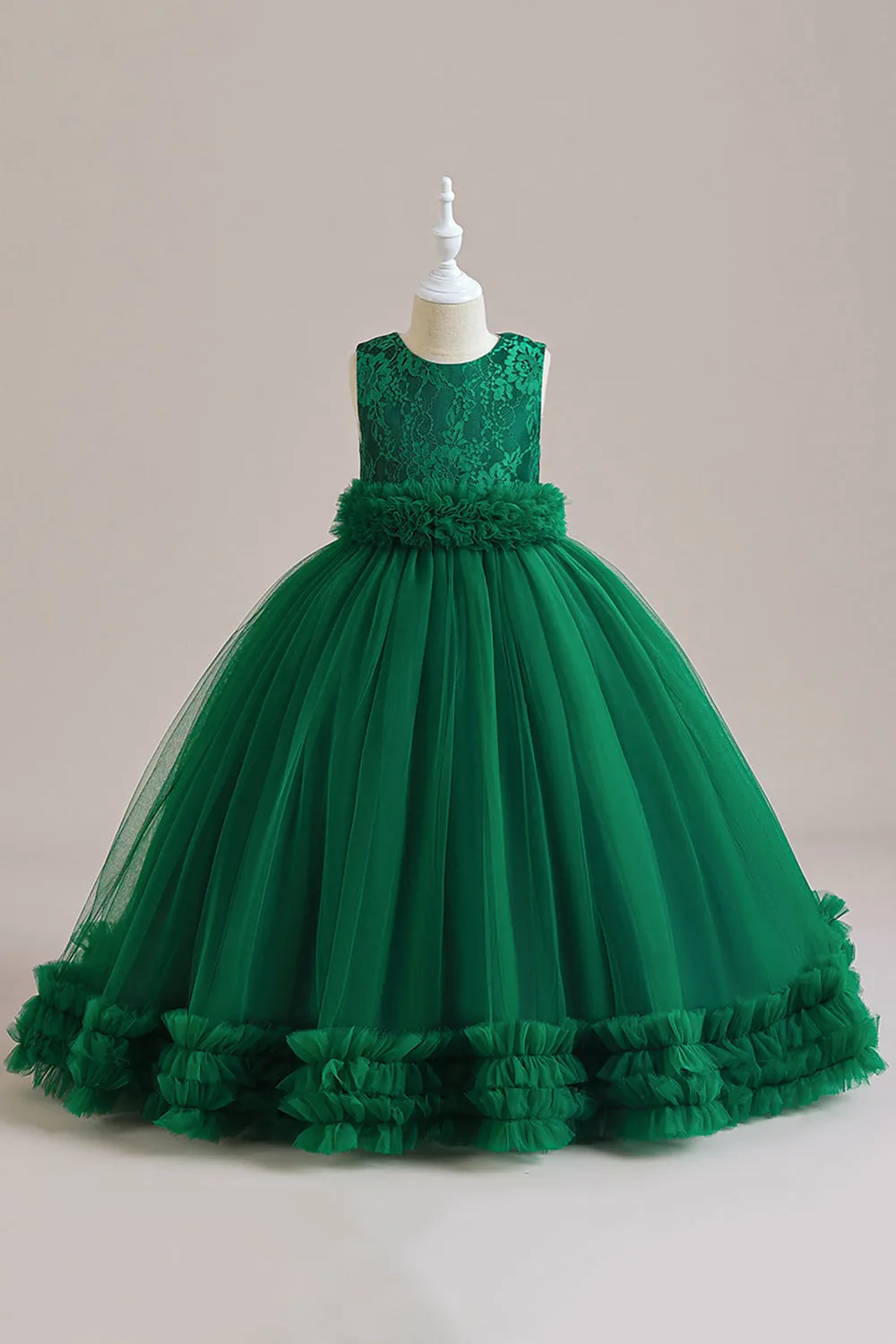 Senza maniche verde tulle Un vestito da ragazza di linea con pizzo