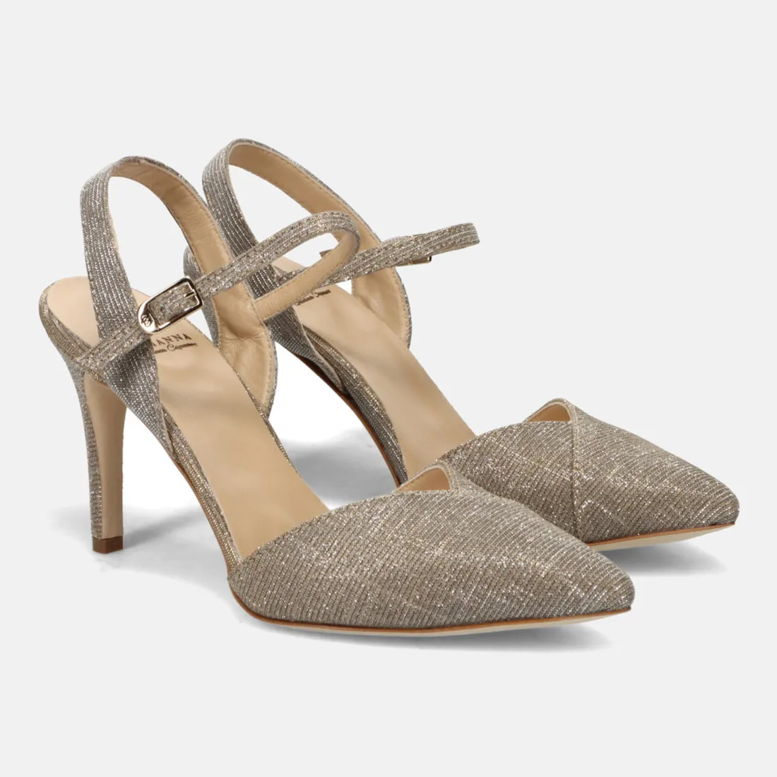 Slingback L'Arianna in tessuto glitterato platino con tacco alto