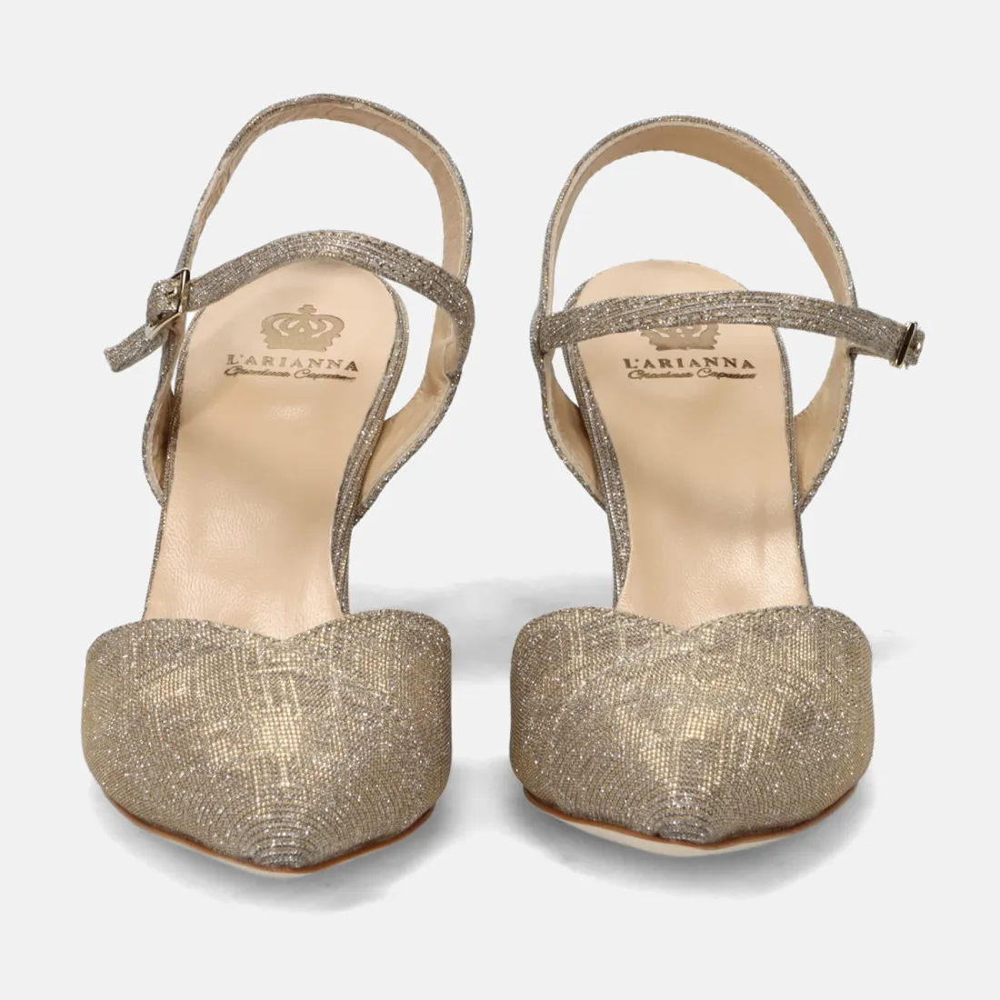 Slingback L'Arianna in tessuto glitterato platino con tacco alto