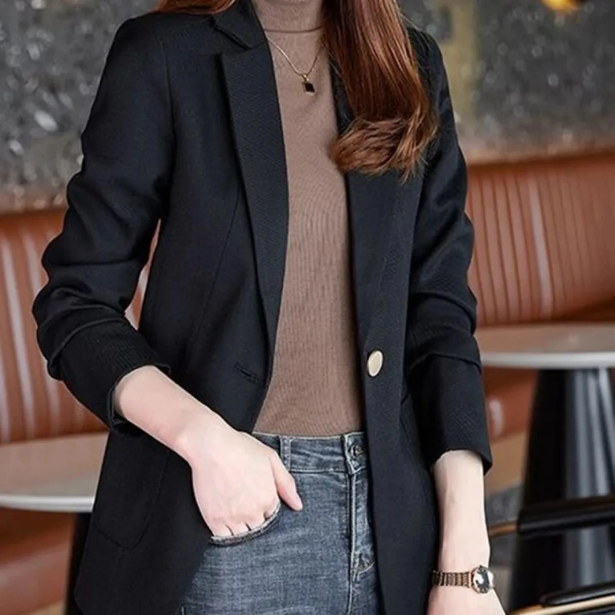 Xfpv Cappotto da donna con bottone singolo nero ispessito a maniche lunghe Blazer Temperamento Moda Nuova marea Autunno 2023 Sm8